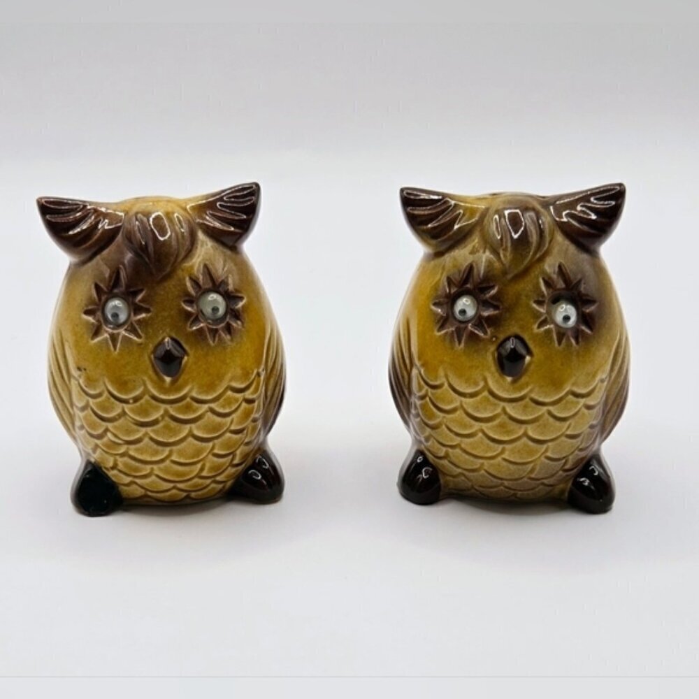 Vintage Japan Owl Salt Pepper Shakers Ceramic Googly Eyes Mid Century Pair